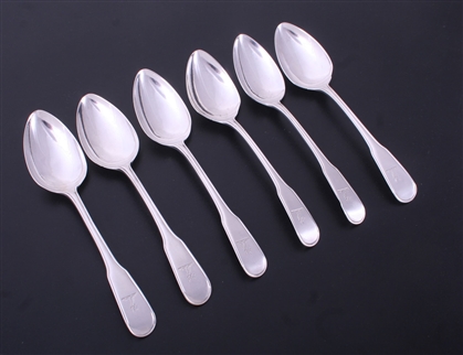 A set of six George III fiddle thread and drop pattern sterling silver dessert spoons