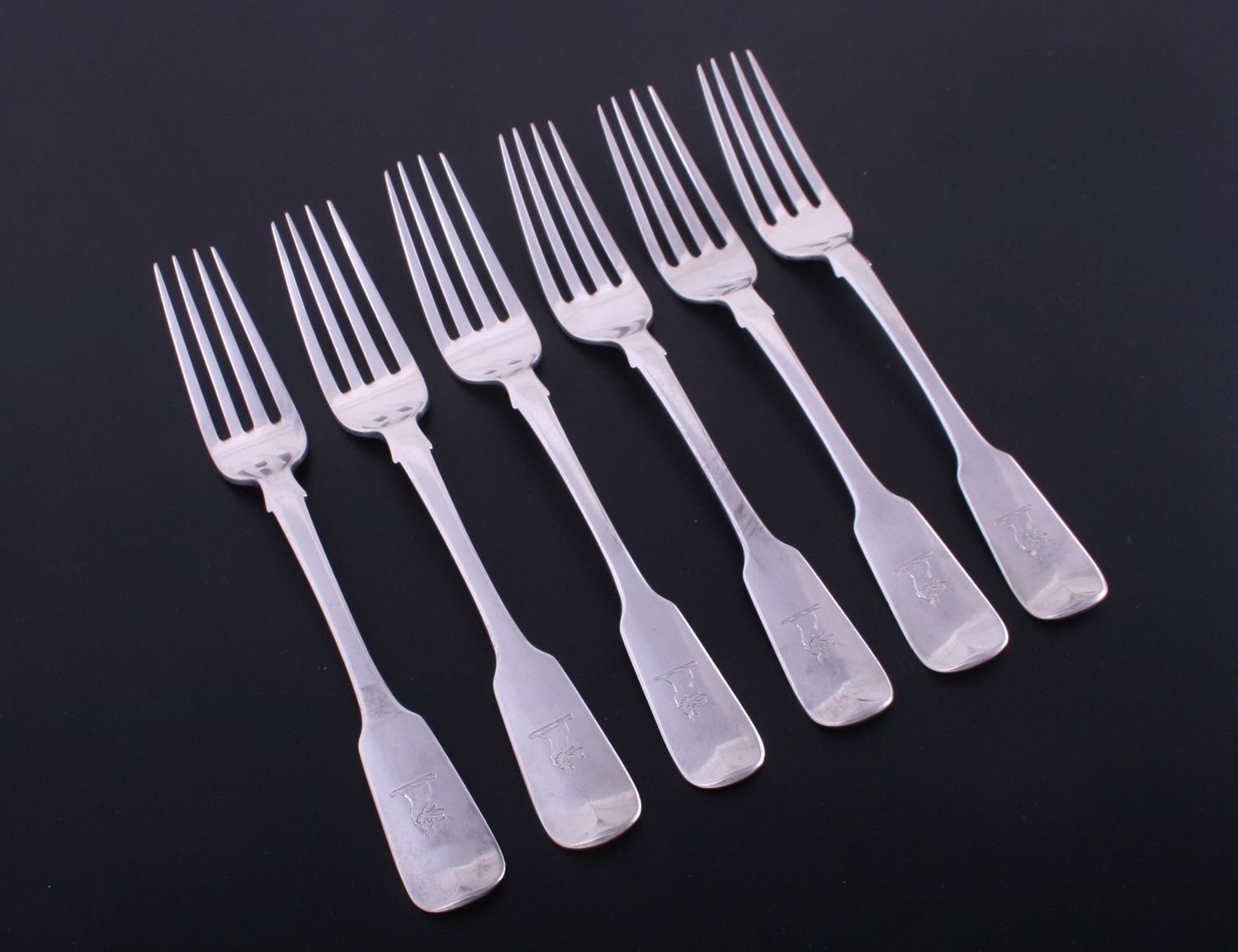 A set of six Irish William IV fiddle pattern sterling silver dessert