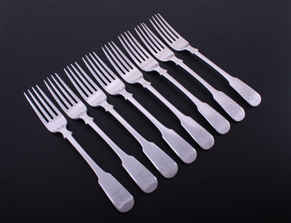 A set of eight Scottish Victorian fiddle pattern sterling silver table forks