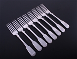 A set of eight Scottish Victorian fiddle pattern sterling silver table forks