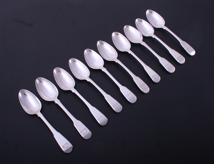 A set of ten George III fiddle pattern sterling silver tea spoons