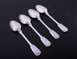 A set of four Victorian fiddle, thread and shell pattern sterling silver table spoons