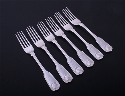 A set of six Irish Victorian fiddle, thread and shell pattern sterling silver dessert forks