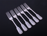 A set of six Irish Victorian fiddle, thread and shell pattern sterling silver dessert forks