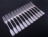 A set of twelve Irish Victorian fiddle, thread and shell pattern sterling silver table forks