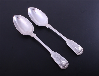 VINTNERS' COMPANY: A pair of Victorian fiddle, thread and shell pattern sterling silver table spoons