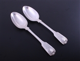 VINTNERS' COMPANY: A pair of Victorian fiddle, thread and shell pattern sterling silver table spoons