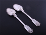 VINTNERS' COMPANY: A pair of Victorian fiddle, thread and shell pattern sterling silver table spoons