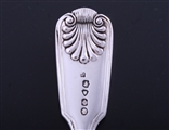VINTNERS' COMPANY: A pair of Victorian fiddle, thread and shell pattern sterling silver table spoons