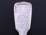 VINTNERS' COMPANY: A pair of Victorian fiddle, thread and shell pattern sterling silver table spoons