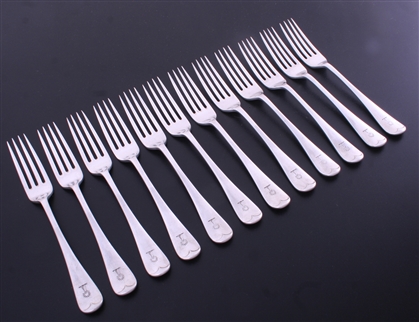 A set of twelve Victorian electroplate Old English silver table forks