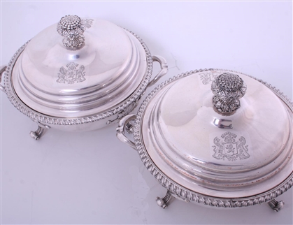 A pair of George IV Old Sheffield silver plate vegetable dishes and covers