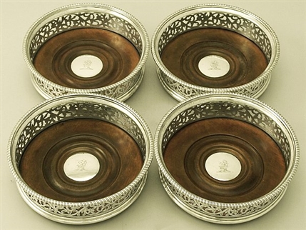 n exceptional, fine and impressive set of four antique Georgian English sterling silver coasters made by Robert Hennell I & Samuel Hennell