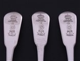 NELSON: Rare set of three George III fiddle pattern sterling silver dessert spoons