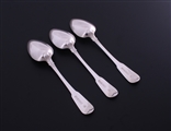 NELSON: Rare set of three George III fiddle pattern sterling silver dessert spoons