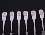 NELSON: Rare set of six of George III fiddle pattern sterling silver tea spoons