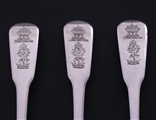 NELSON: Rare set of three George III fiddle pattern sterling silver tea spoons