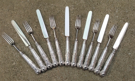 Antique Sterling Silver Georgian Set of Six Kings Pattern Dessert Knives and Six Dessert Forks 1827 & 1834