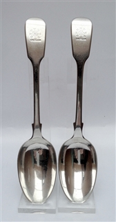 A Pair of Antique Sterling Silver Victorian Fiddle Pattern Dessert Spoons 1859