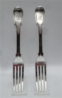 A Pair of Antique Sterling Silver Victorian Fiddle and Thread Table Forks 1851