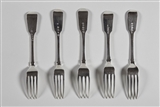 A matched set of five antique fiddle pattern sterling silver dessert forks