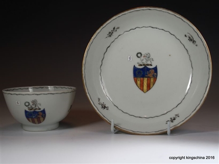 Chinese Armorial Tea Bowl & Saucer GARLAND Family Crest Coat Arms