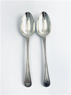 Antique George III Hallmarked Sterling Silver Pair Beaded Pattern Dessert Spoons 1780
