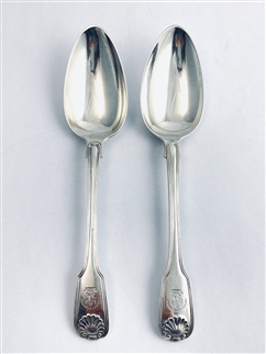 Antique George IV Hallmarked Sterling Silver Pair Fiddle Thread & Shell Tablespoons 1826