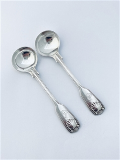 Pair Antique Indian Colonial Silver Pair Fiddle Thread and Shell Pattern Salt Spoons c.1845