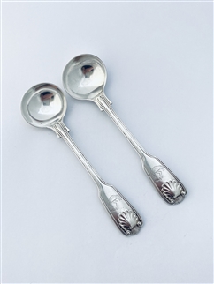 Antique Indian Colonial Sterling Silver Pair Fiddle Thread and Shell Pattern Salt Spoons c.1845