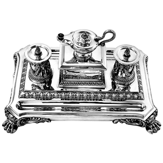 ANTIQUE VICTORIAN SILVER INKSTAND 1880 INKWELL DESK TIDY PEN TRAY