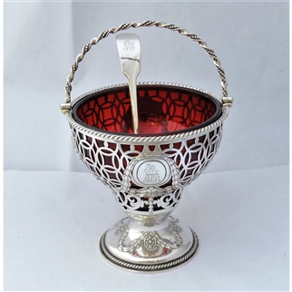 Ruby Red Glass Sugar Basket & Spoon