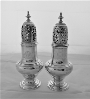 Super quality pair crested George II silver castors London 1742 Samuel Wood