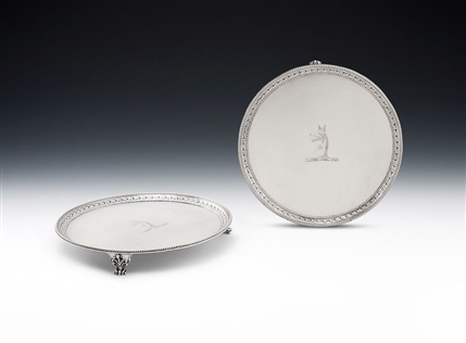 AN EXTREMELY FINE & RARE PAIR OF GEORGE III BLUE BELL DROP SALVERS MADE IN LONDON IN 1779 BY CROUCH & HANNAM.