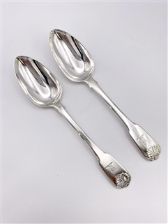 Antique Hallmarked Sterling Silver Pair Fiddle and Shell Pattern Dessert Spoons London 1808